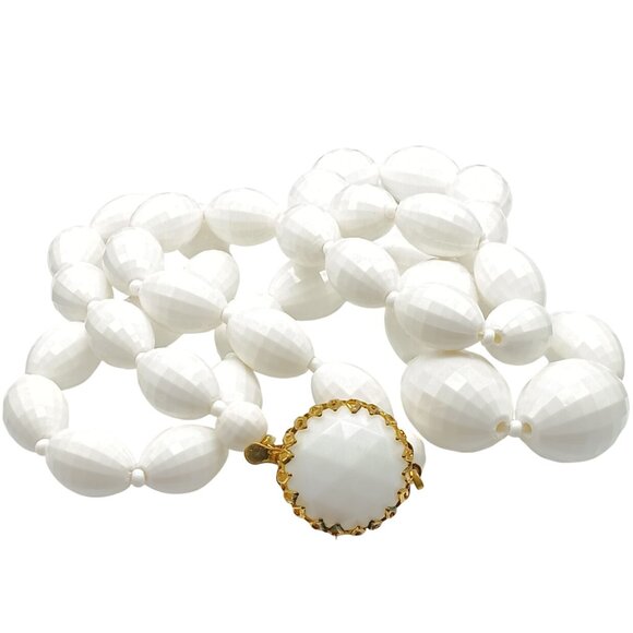 Vintage White Beaded Necklace with Gold-Tone Box Clasp and Elegant Faceted Lucit - Picture 2 of 3